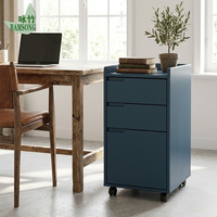 Armoire de bureau écologique en bois bleu foncé pour chambre et bureau, avec 3 tiroirs, classeur mobile avec roulettes verrouillables, OEM ODM