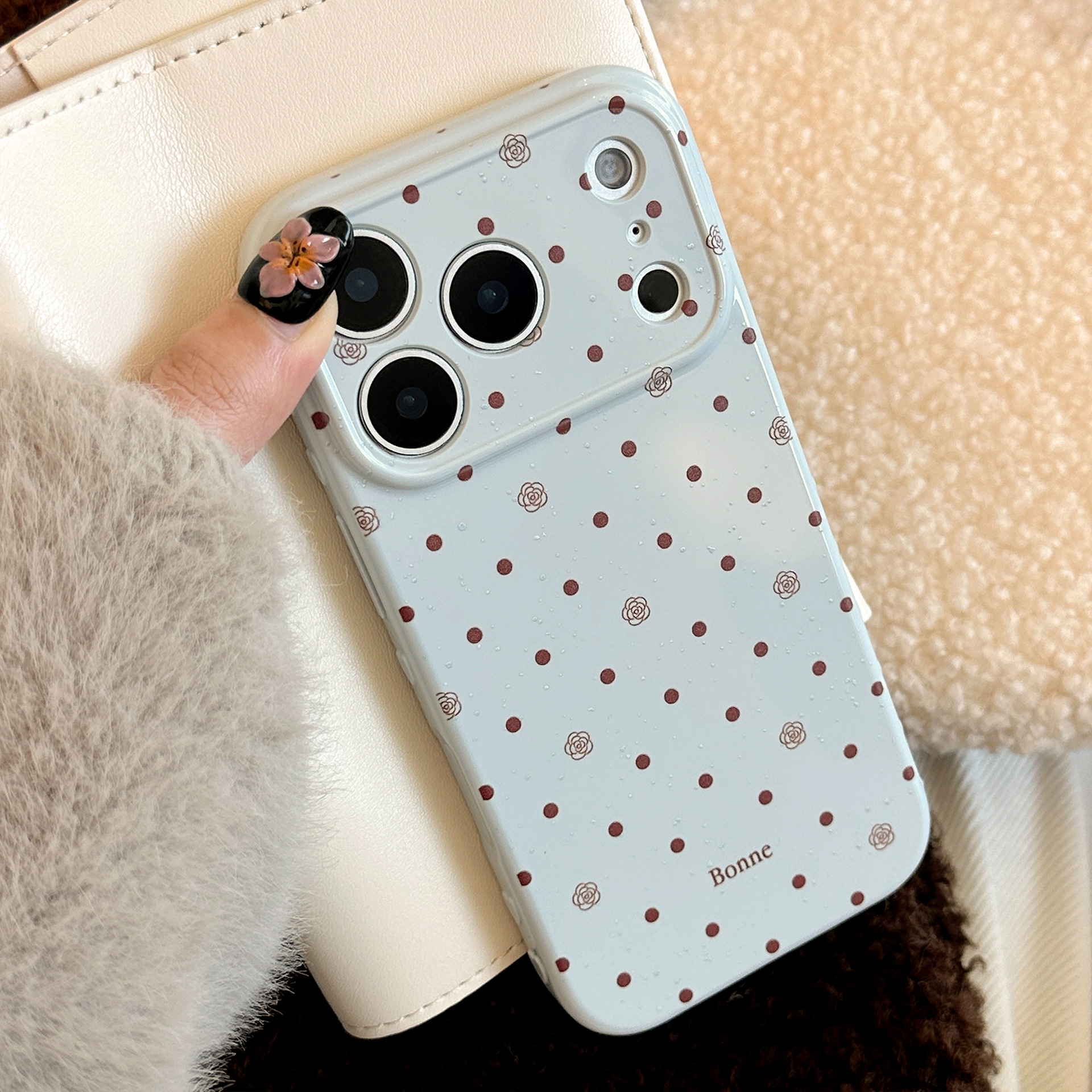 Sea Mist Blue, Blue Ink Brown Polka Dots