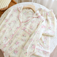 Femmes nouveau automne Floral Satin pyjamas grande taille Homewear ensemble Double couche taille élastique à manches longues coton sans rides avant