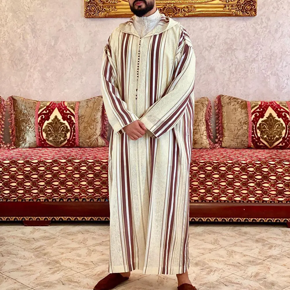 Arabische Lange Mouwen Hooded Islamitische Kleding Mannen Moslim Thobe Thawb Trendy Gestreepte Ramadan Kostuums Arabië Abaya Mannelijke Kaftan Robe