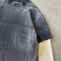 T-shirt personnalisé vierge délavé au soleil et à l'acide, décontracté, en maille gaufrée, avec poche, en coton épais double couche, à manches longues