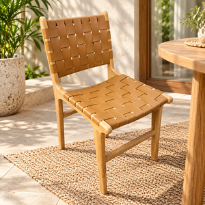 Chaise de salle à manger en bois massif avec dossier tressé, chaise d'appoint contemporaine en bois pour la maison, l'hôtel et la salle à manger - Product Image 1