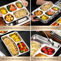 Assiette à repas rapide moderne minimaliste en acier inoxydable 304 épaissi, à quatre/cinq compartiments, carrée, profonde, à motif uni