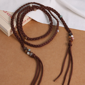 Vente en gros de chaîne de taille tissée à la main pour femmes <span class=keywords><strong>ceinture</strong></span> tressée en <span class=keywords><strong>corde</strong></span> de coton perlée à pompon et accessoires de robe noués - Product Image 1