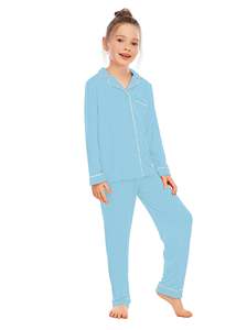 Çocuk pijama seti yumuşak pamuk Modal uzun kollu gömlek pantolon düğme kapatma Logo ön rahat ev pijama - Product Image 3