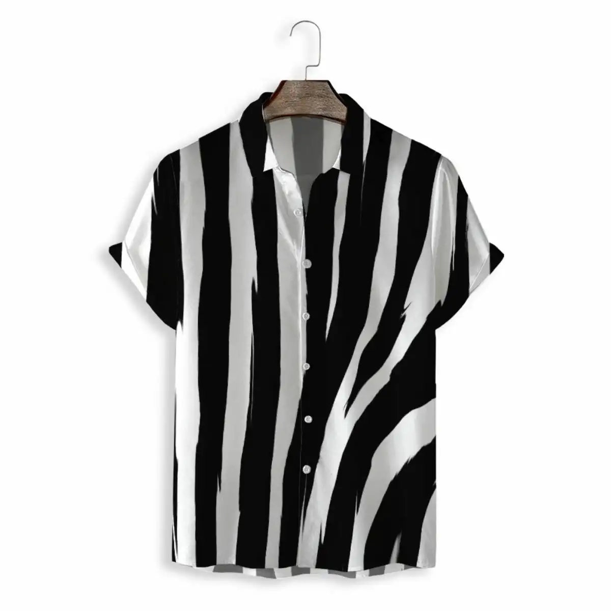 Summer Men's Casual Short Sleeve Full Print Shirt Black White Stripe Men Shirt Chemise Homme