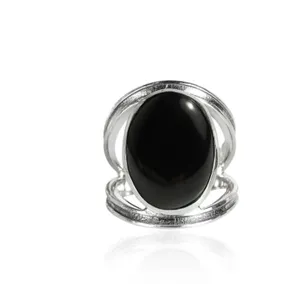 <b>Silver</b> Plated Brass Black Onyx Oval <b>Ring</b> <b>Chunky</b> Statement Open Band Modern Adjustable Fashion Jewelry Wholesale Women Girls - Product Image 1