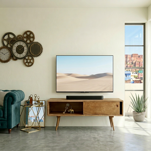 Meuble TV moderne en bois de manguier avec porte coulissante, console multimédia, unité de divertissement, meuble de salon, mobilier de maison - Product Image 1