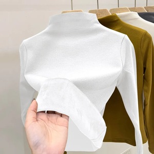 Women's High Neck Fleece Lined Long Sleeve <b>Top</b> Mustard Warm Solid Color Polyester Sweatshirt Autumn Winter Base <b>Layer</b> - Product Image 4