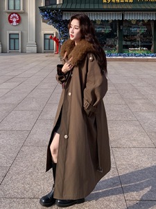 Femmes 2025 hiver nouveau Long Parka café grand col de fourrure mode patron dame Trench Coat - Product Image 1