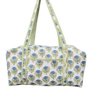 Handmade Quilted Cotton Travel <b>Bag</b> Large Capacity Duffle <b>Bag</b> with Block Print Women's Hand Luggage Durable <b>Overnight</b> Sacks - Product Image 1