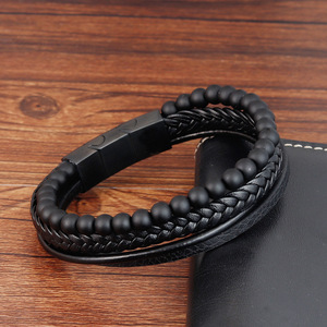 Pulsera de Cuero con Cuentas de Piedra Volcánica Natural, Pulsera de Cuero Trenzada de Varias Capas, L19129 - Product Image 3
