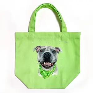 하이 퀄리티 도매 38*42cm 동물 디자인 개와 녹색과 흰색 체크 스카프 폴리에스터 쇼핑 토트 백
