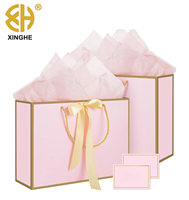 Sacs cadeaux de luxe en papier rose artistique avec bordure dorée et poignées torsadées - Boîtes cadeaux recyclables, papier de soie, cartes de vœux pour mariage et anniversaire
