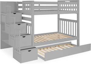 Многофункциональные двухъярусные кровати, двухместная деревянная детская кровать с лестницей для хранения с выдвижными ящиками в ступеньках, каркас кровати из массивной сосны - Product Image 4