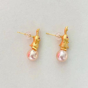 S925 <b>Silver</b> DIY Pearl Accessories 8-10mm Round Beads Female Earnail with Empty Support Rabbit 21815 <b>Stud</b> Earrings - Product Image 4