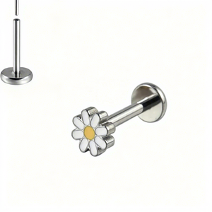 <span class=keywords><strong>Orecchini</strong></span> Piercing in Titanio ASTM F136 G23 Senza Filettatura, Labret, Helix, Tragus, con Fiore <span class=keywords><strong>Margherita</strong></span> Smaltato e Chiusura a Pressione Piatta - Product Image 3