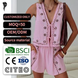 Conjunto de Dos Piezas de Lino Casual para Mujer, Estilo Nuevo y Moderno, Top Sexy sin Mangas y Pantalones Cortos con Bordado, Informal y a la Moda - Product Image 1
