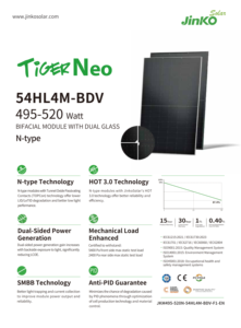 Panneau solaire Jinko Solar 54HL4M-BDV 495-520W N-Type Mono à double vitrage, module photovoltaïque haute efficacité, prix usine TOPcon - Product Image 2
