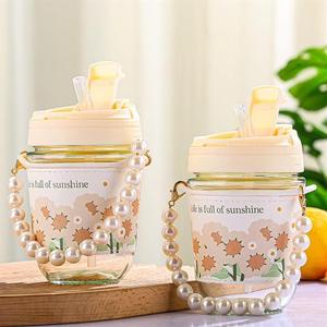 Vaso de vidrio de alta calidad con cadena de perlas, para el hogar, con doble pajita, para café, regalo, contenedor de agua - Product Image 3