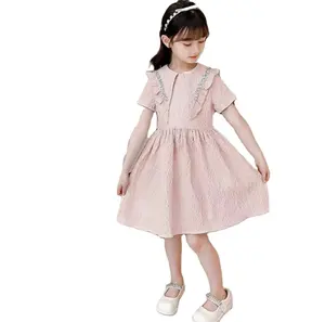 Girls Dress 2023 New Fashion Kids Solid Short Sleeve Princess Midi