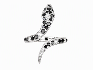 18K White <b>Gold</b> Black & White Diamond Pave Coiled <b>Snake</b> Open <b>Ring</b> Bold Luxury Statement Jewelry For Women - Product Image 1