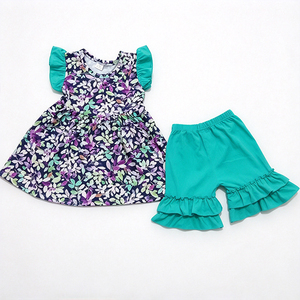 Ensemble 2 pièces en soie de lait imprimée pour filles, vêtements pour enfants à volants, ensemble haut et pantalon personnalisé OEM ODM pour tout-petits - Product Image 1