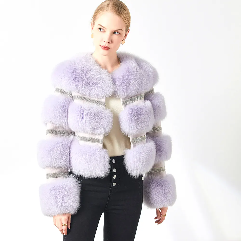 Trendy Womens Clothes 2020 Sparkly Bling Real Fur Jacket Winter Rhinestone Jackets Purple Diamond Fox Fur Coat For Women