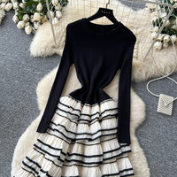 Robe décontractée élégante pour femmes WIWT, à manches longues, en tricot, patchwork, à volants, à plusieurs niveaux, style A, pour tous les jours et les soirées