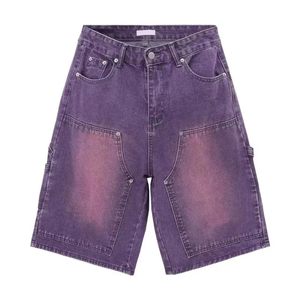Pantalones cortos de mezclilla cargo de cintura alta para hombre, con remaches y detalles de parches, estilo desgastado, corte holgado, para verano, casual, streetwear, negro y morado. - Product Image 2