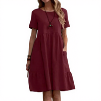 Robe en coton vintage pour femme, taille smockée, ultra douce, plissée, longueur genou, couleur inaltérable, tombé fluide, col carré