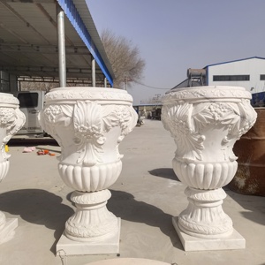 Outdoor Hand Carved Stand Small <strong>Large</strong> <strong>Marble</strong> Round Flower Pots <strong>Planters</strong> with Drainage Hole - Product Image 2