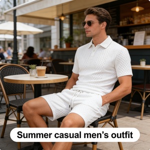 Tuta da uomo in maglia testurizzata a due pezzi con <span class=keywords><strong>polo</strong></span> |   Set Camicia a Maniche Corte e Pantaloncini Traspiranti Vestibilità Regolare per Sport Casual Estivi - Product Image 3