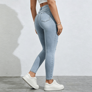 <span class=keywords><strong>Jeans</strong></span> ajustados <span class=keywords><strong>rotos</strong></span> de cintura alta para mujer, <span class=keywords><strong>jeans</strong></span> ajustados azules de diseñador, <span class=keywords><strong>jeans</strong></span> de mezclilla de algodón para mujer, moda urbana - Product Image 5