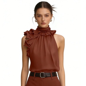 Women's Ruffled Halter Neck Satin Blouse - Sleeveless High Neck <b>Top</b> With Asymmetrical Ruffle Trim Shirt Fashion - Product Image 4