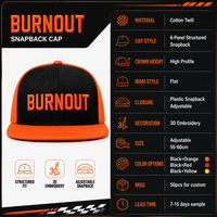 Topi Baseball Snapback Premium Vintage Twill Dua Warna 6-Panel, Panel Depan Hitam, Sisi Oranye, Pinggiran BURNOUT, Bordir 3D Timbul