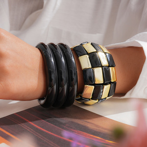 J Retro Vintage Acrylic Gold Plated Stackable <b>Bracelet</b> Geometric Square Round Patchwork Trendy Statement <b>Bangles</b> for Unisex - Product Image 3