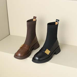 Giày Loafer Mùa Thu Đông 2024, Giày <span class=keywords><strong>Boot</strong></span> Dệt Kim Ngắn Co Giãn Cho Nữ - Product Image 1