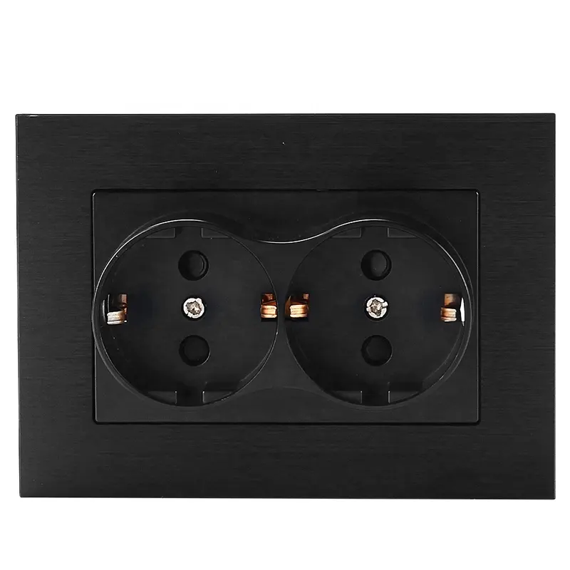 CE ROHS Certificate Double German Schuko Socket Brushed Aluminum Panel 16A 250V EU Outlet Socket