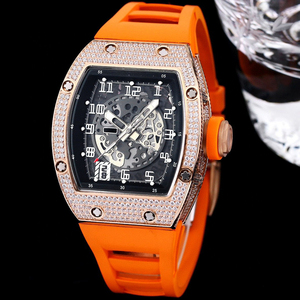 Diamond Bezel <b>Skeleton</b> Tonneau <b>Watch</b> Men's RM010 style Luxury <b>Automatic</b> <b>Watch</b> With Red Rubber Strap - Product Image 3
