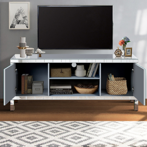 Mirrored TV <b>Stand</b> 65+ Inch Silver Console Table M Shape Sparkling <b>Mirror</b> Open Storage with 2 Cabinets - Product Image 2