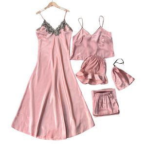 Conjunto de Pijama de Satén Cómodo para Mujer, Camisola de Color Sólido, Pantalones Cortos, Pantalones Largos, Camisón Holgado para Mujer - Product Image 2