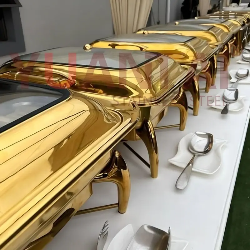 New Arrival Rectangular Chaffing Dishes Stainless Steel Catering Equipment 9L Gold Flip Top Chafing Dishes