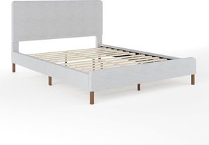Platform <strong>Bed</strong> with Headboard Footboard Faux Linen Upholstery with Piping Detail Rounded No Box Spring Needed Queen <strong>Gray</strong> - Product Image 3