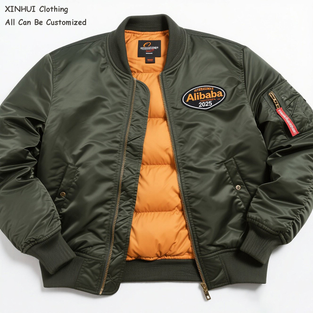 High Quality 100% Polyester Nylon Silk Flight Bomber Jacket Men Embroidered Quilted Lined Thick Autumn Varsity Custom Hip Hop