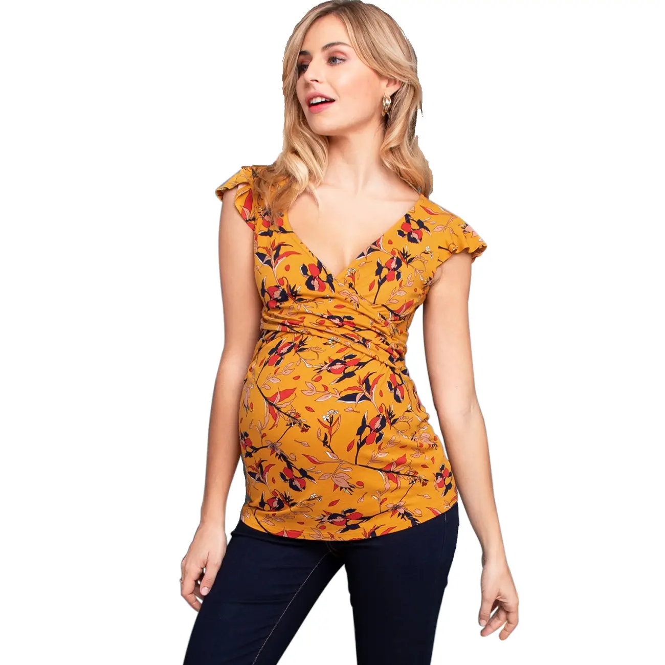 Vrouwen Moederschap Vlieg Mouw Bloemenprint Borstvoeding Tops T-Shirt Voor Borstvoeding DGPD-006