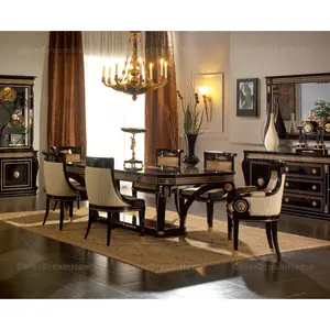 Classic luxury black dining room furniture set dining table for 6 chair and cabinet