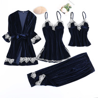 Set Loungewear Wanita Mewah Beludru 4 Potong OEM ODM, Gaun Tidur Seksi dengan Bra Terintegrasi, Renda, Pakaian Rumah, Pabrik