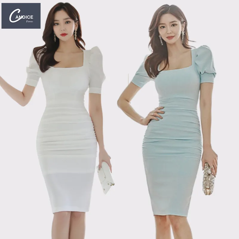 Candice 2023 high quality square collar short puff sleeve summer knee length straight dress for women