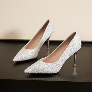 6681J Escarpins à bout pointu à paillettes, talon aiguille très haut, chaussures de mariée à enfiler, tendance mode - Product Image 1